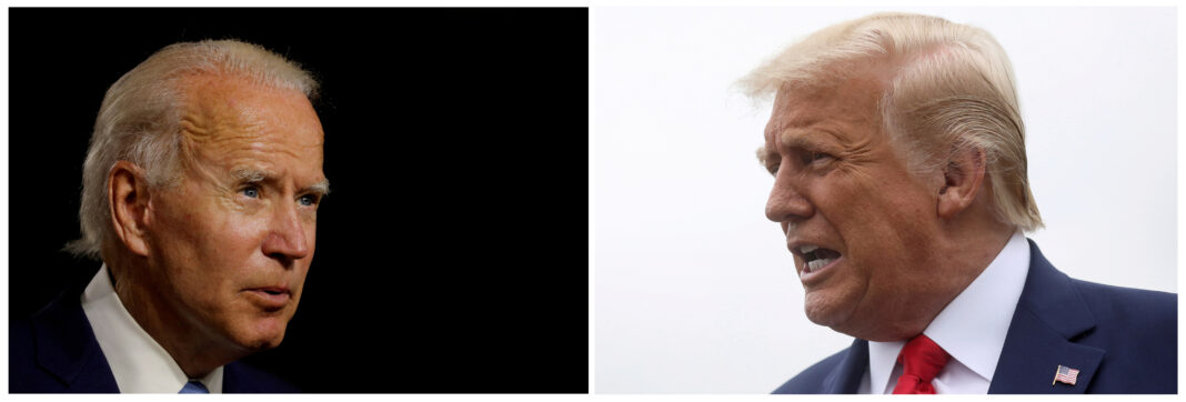 FILE PHOTO: A combination photo shows democratic presidential candidate and former Vice President Joe Biden looking on at a campaign event at Alexis Dupont High School in Wilmington, Delaware, U.S., August 12, 2020, and U.S. President Donald Trump talking to reporters prior to boarding Air Force One as he departs Washington on travel to Illinois and Wisconsin, September 1, 2020. REUTERS/Carlos Barria/Leah Millis